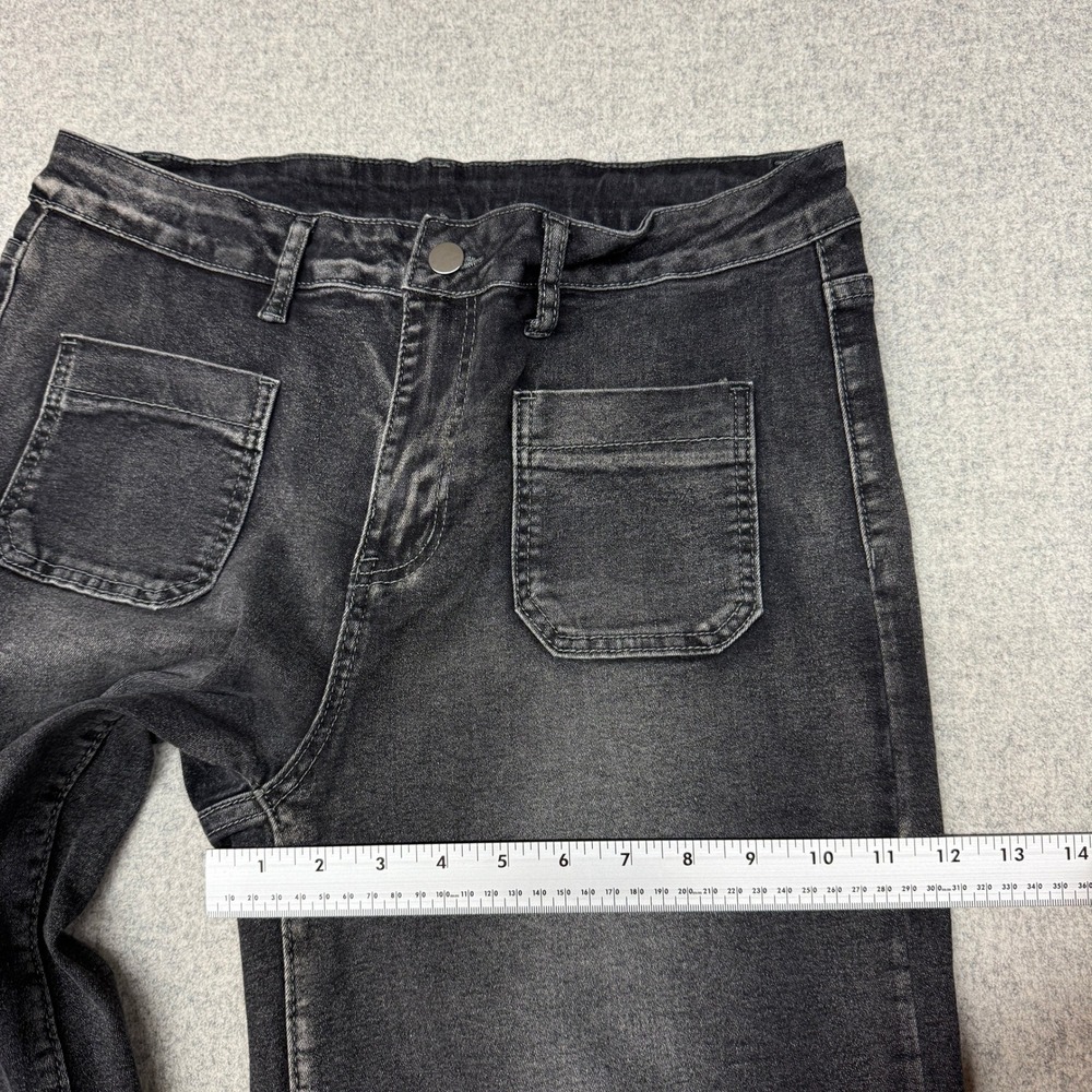 Jeans Wide Leg Denim Pants XL Black Faded Wash High Rise Patch Pockets 2096 - Picture 7 of 10